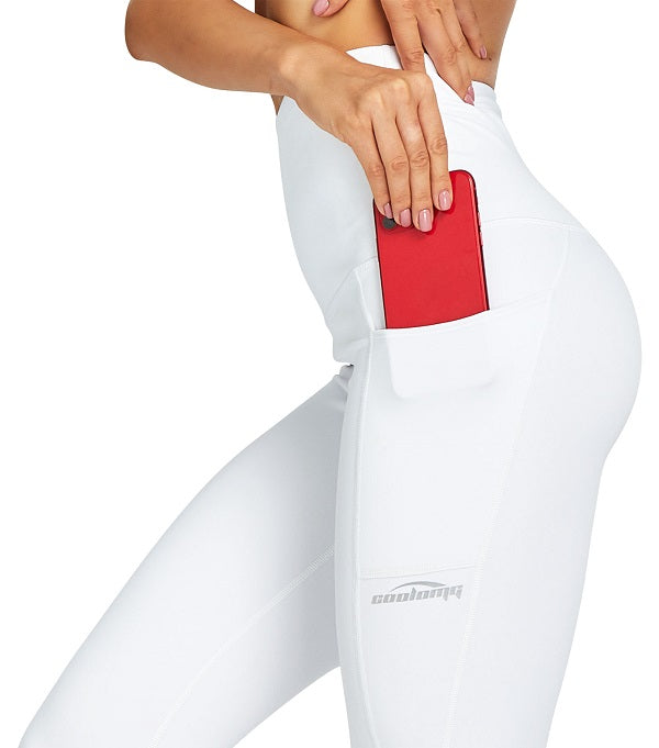 COOLOMG Women Yoga leggings high waisted with side Pocket white
