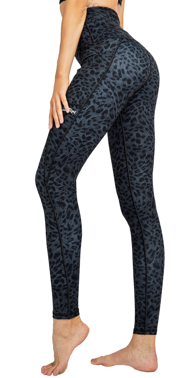 COOLOMG Women Leggings High Waisted Yoga Pants with Side Pocket Black Leopard