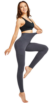 COOLOMG Women Leggings High Waisted Yoga Pants with Side Pocket Grey/Navy Blue