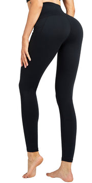 COOLOMG Women Leggings High Waisted Yoga Pants with Side Pocket Black WP002BK