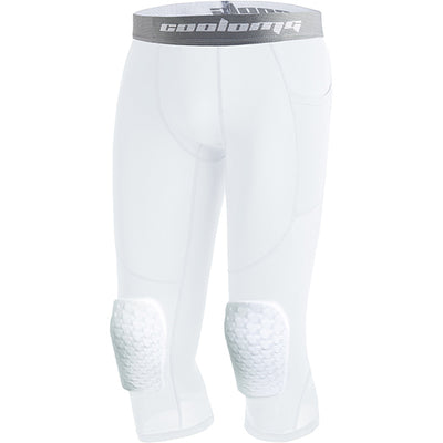 COOLOMG Kids Basketball White Leggings with Knee Pads for Youth 3/4 Compression Pants BP001WT_T