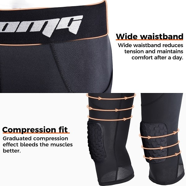 COOLOMG Men ¾ Length Compression Tights with Knee Pads