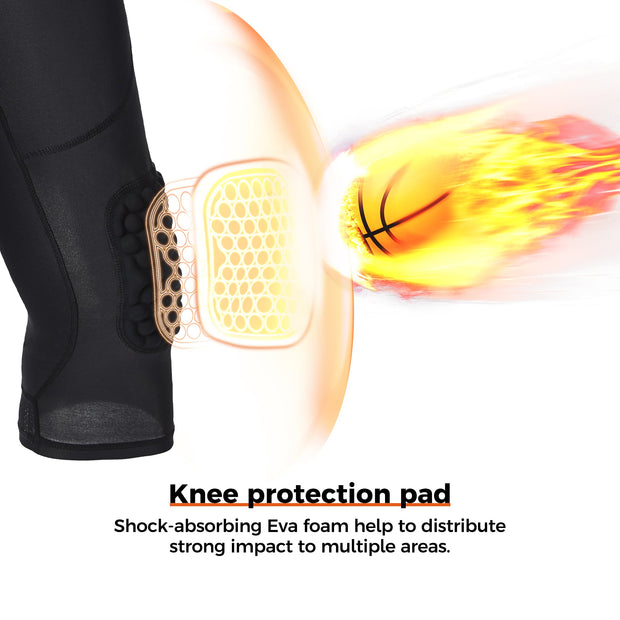 COOLOMG Basketball Leggings with Honeycomb Knee Pads for Kids Youth 3/4 Compression Pants Capri Tights Side Pockets