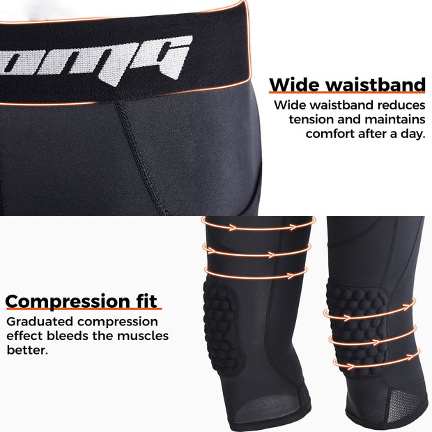 COOLOMG Basketball Leggings with Honeycomb Knee Pads for Kids Youth 3/4 Compression Pants Capri Tights Side Pockets