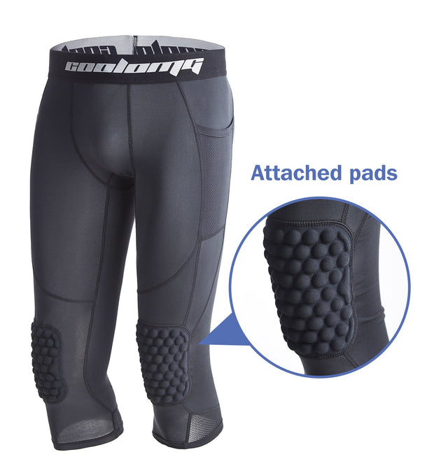 COOLOMG Basketball Leggings with Honeycomb Knee Pads for Kids Youth 3/4 Compression Pants Capri Tights Side Pockets