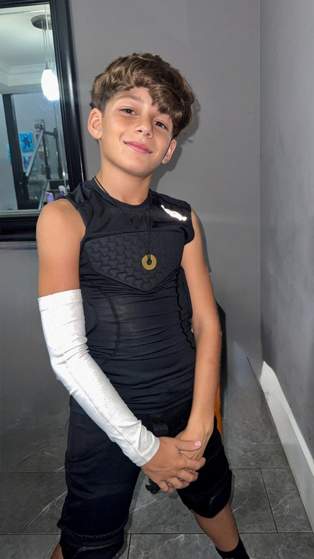 COOLOMG Youth Boys Padded Football Shirt Chest Rib Protector 4-Pad Compression Undershirt Rugby Lacrosse Back Protection