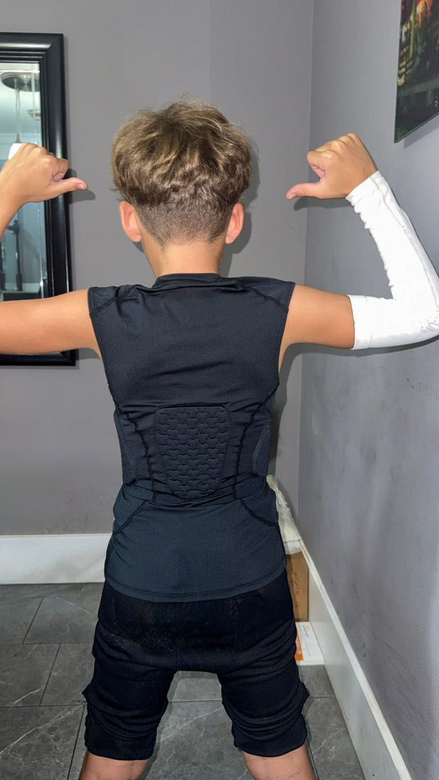 COOLOMG Youth Boys Padded Football Shirt Chest Rib Protector 4-Pad Compression Undershirt Rugby Lacrosse Back Protection