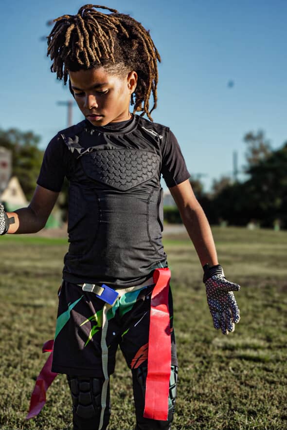 COOLOMG Youth Boys Padded Football Shirt Chest Rib Protector 4-Pad Compression Undershirt Rugby Lacrosse Back Protection