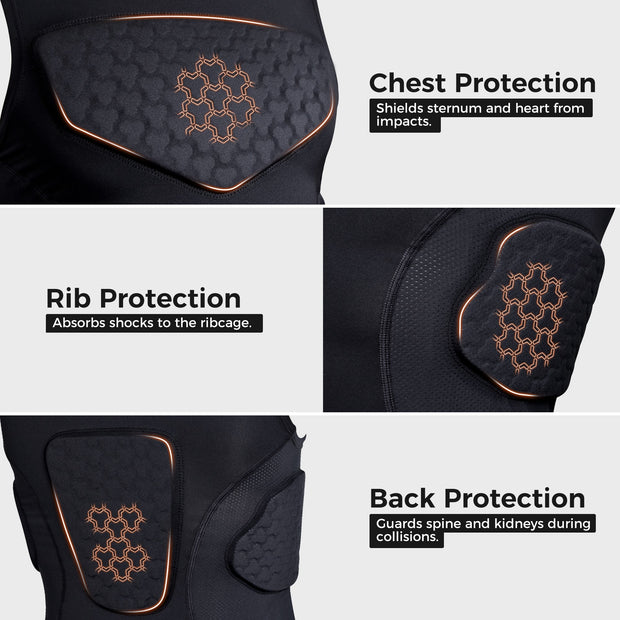 COOLOMG Youth Boys Padded Football Shirt Chest Rib Protector 4-Pad Compression Undershirt Rugby Lacrosse Back Protection