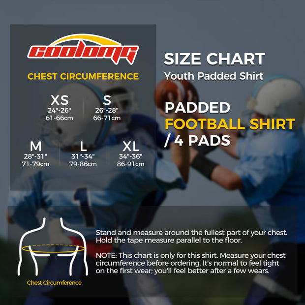 COOLOMG Youth Boys Padded Football Shirt Chest Rib Protector 4-Pad Compression Undershirt Rugby Lacrosse Back Protection