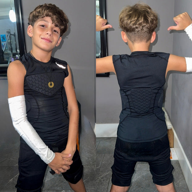 COOLOMG Youth Boys Padded Football Shirt Chest Rib Protector 4-Pad Compression Undershirt Rugby Lacrosse Back Protection