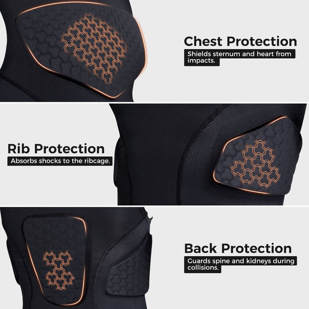 COOLOMG Youth Boys Padded Football Shirt Chest Rib Protector 4-Pad Compression Undershirt Rugby Lacrosse Back Protection