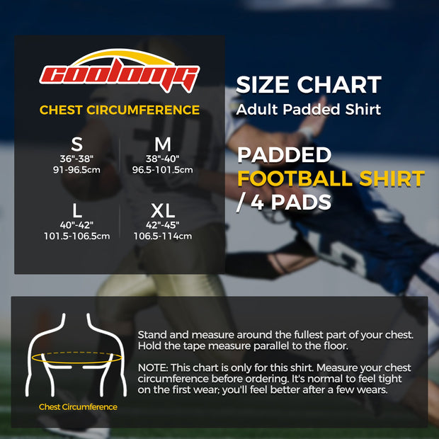 COOLOMG Adult Mens Padded Football Shirt Rib Chest Protector Compression Undershirt Rugby Lacrosse Back Protection