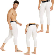 White Men's Compression Running 3/4 Tights Capri Pants SP028WT