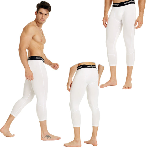 White Men's Compression Running 3/4 Tights Capri Pants SP028WT